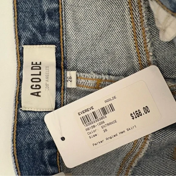 AGOLDE || Parker Angled Hem Denim Mini Skirt Entrance Medium Wash Raw Hem 26 NWT - Picture 7 of 10